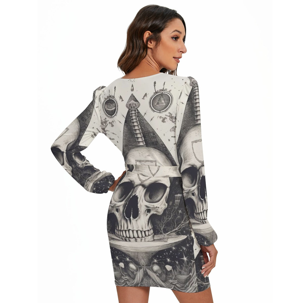 All-Over Print Women's Long Sleeve Dress With Waist Belt