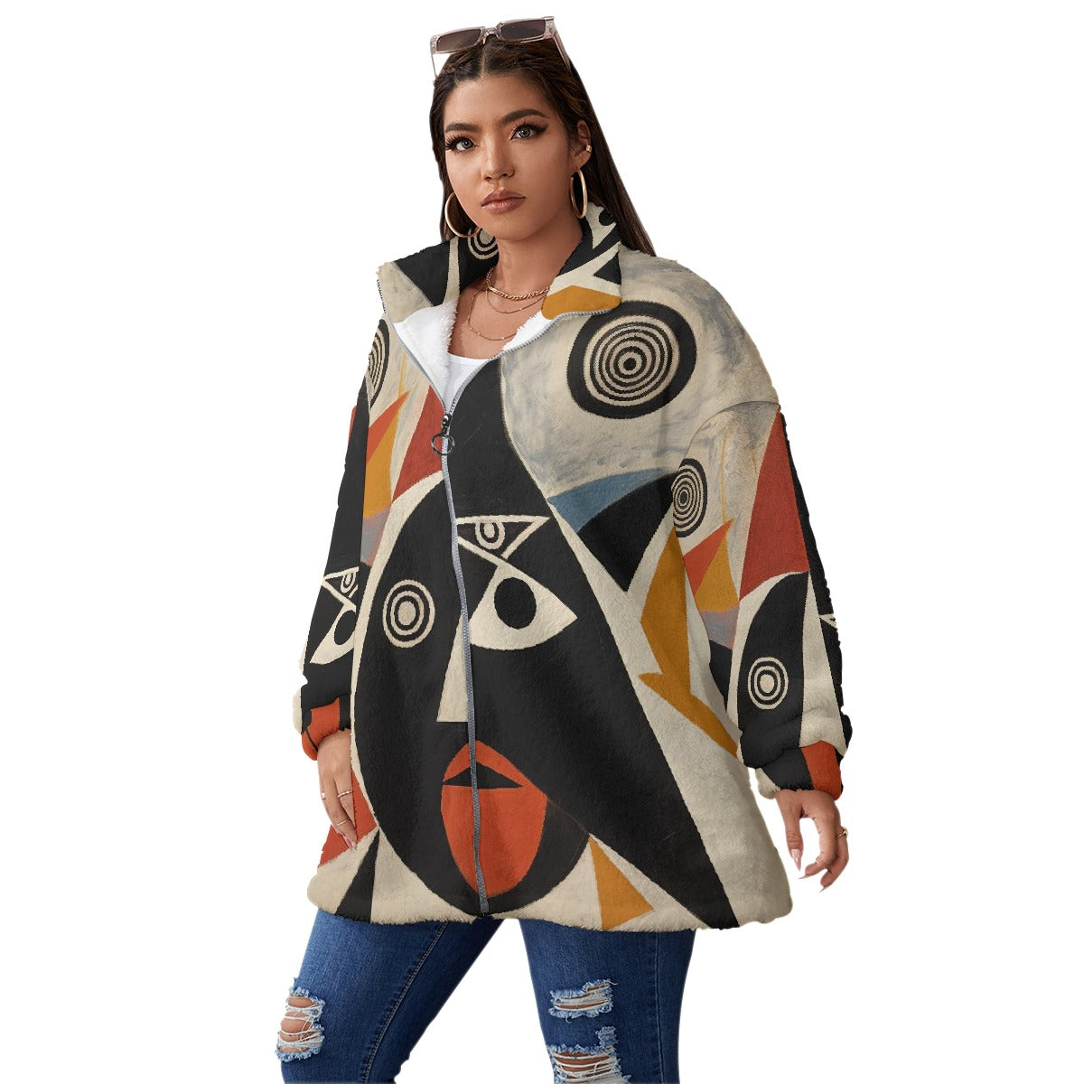 All-Over Print Unisex Borg Fleece Stand-up Collar Coat With Zipper Closure(Plus Size)