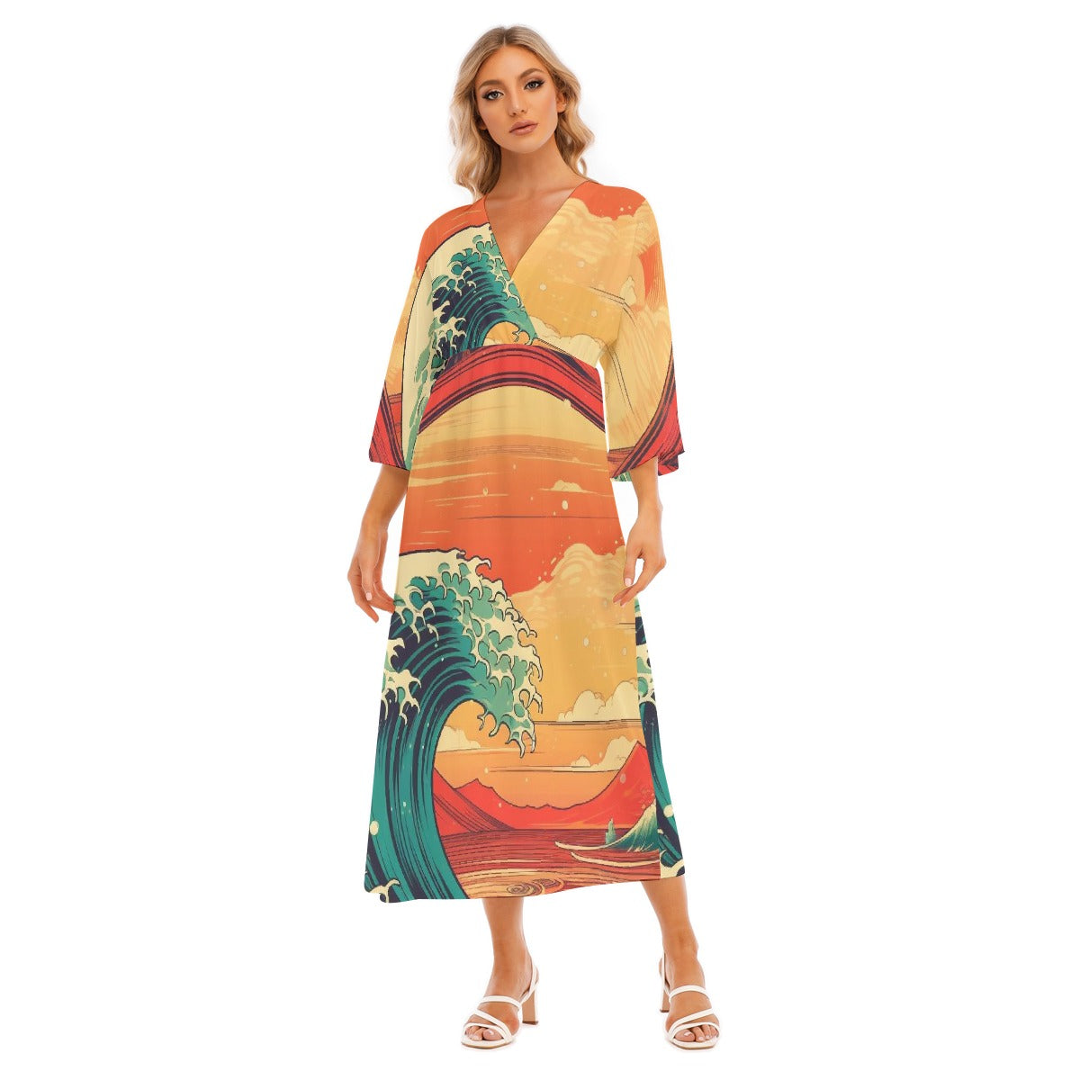 All-Over Print Women's Mid-Sleeve Long Dress