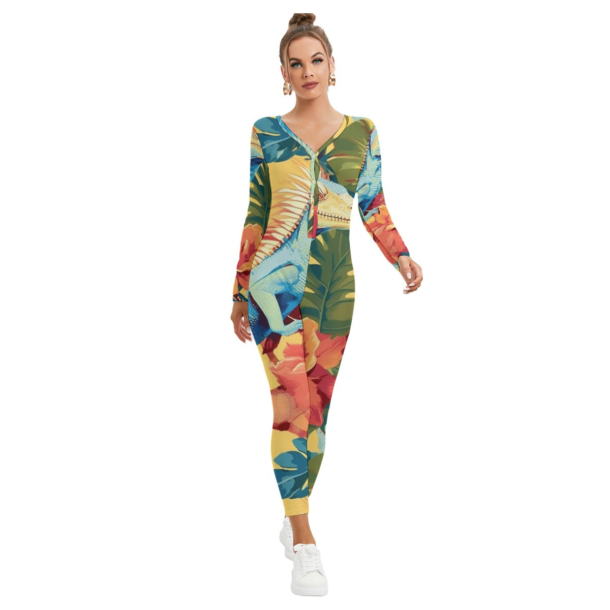 All-Over Print Women's Plunging Neck Jumpsuit
