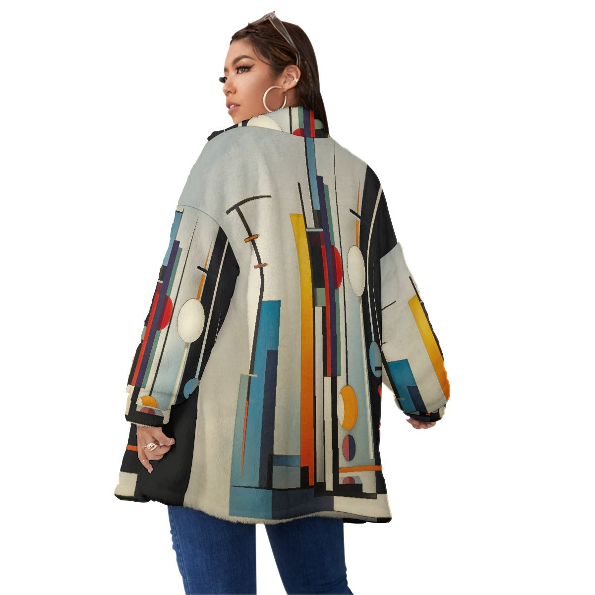 All-Over Print Unisex Borg Fleece Stand-up Collar Coat With Zipper Closure(Plus Size)