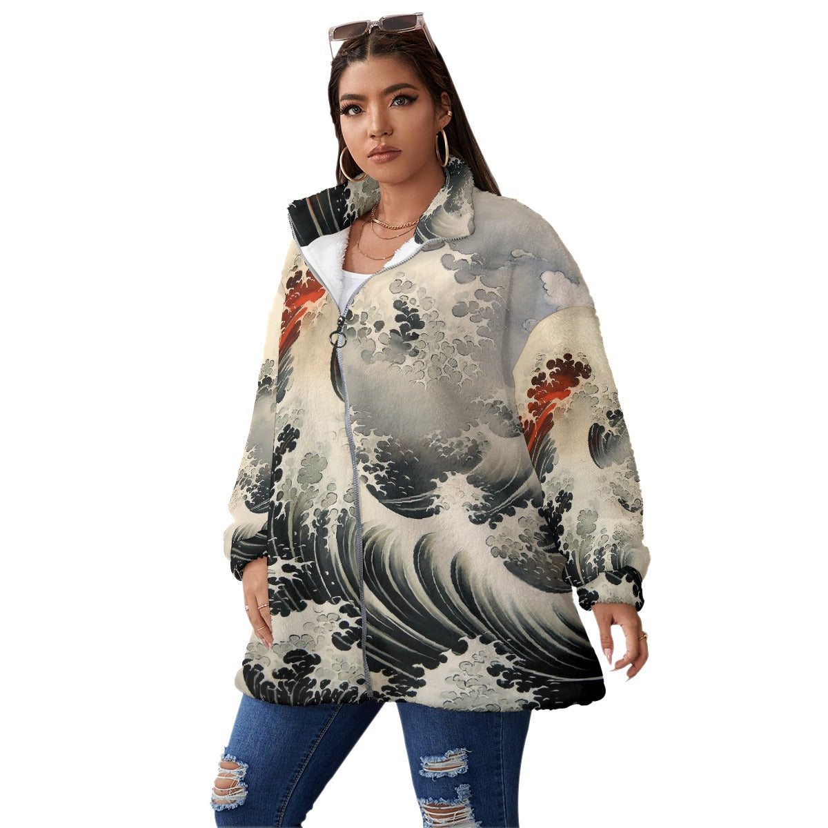 All-Over Print Unisex Borg Fleece Stand-up Collar Coat With Zipper Closure(Plus Size)