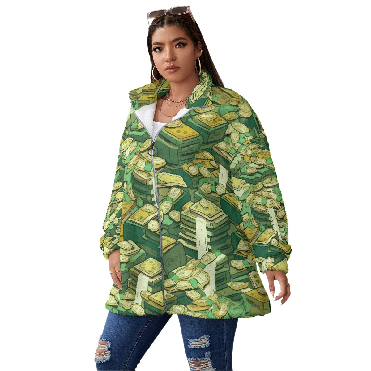 All-Over Print Unisex Borg Fleece Stand-up Collar Coat With Zipper Closure(Plus Size)
