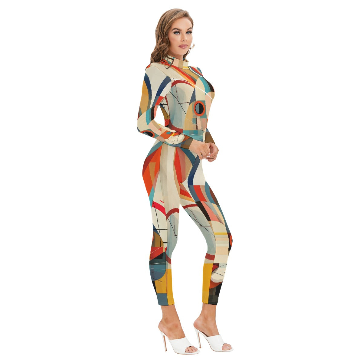 All-Over Print Women's Long-sleeved High-neck Jumpsuit With Zipper