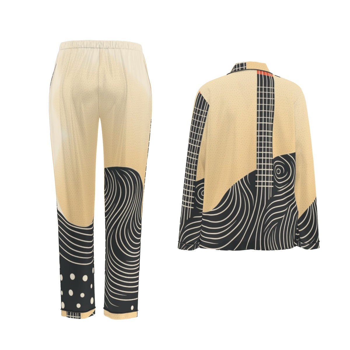 All-Over Print Women's Long Sleeve Pajama Set With Black Contrast Piping