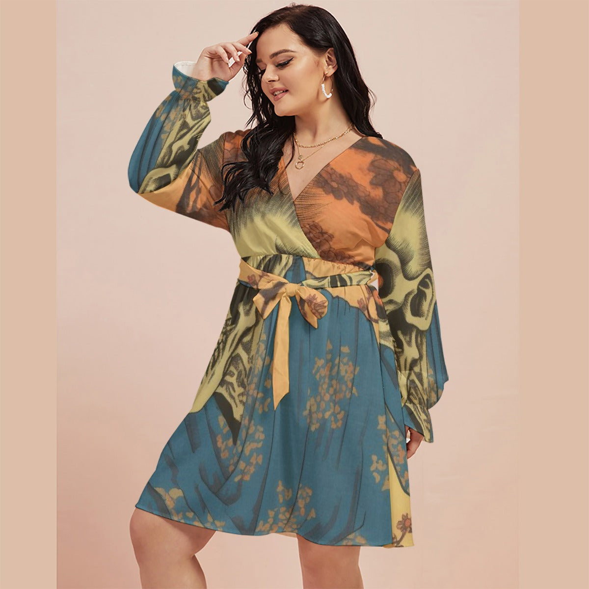 All-Over Print Women's V-neck Dress With Waistband(Plus Size)