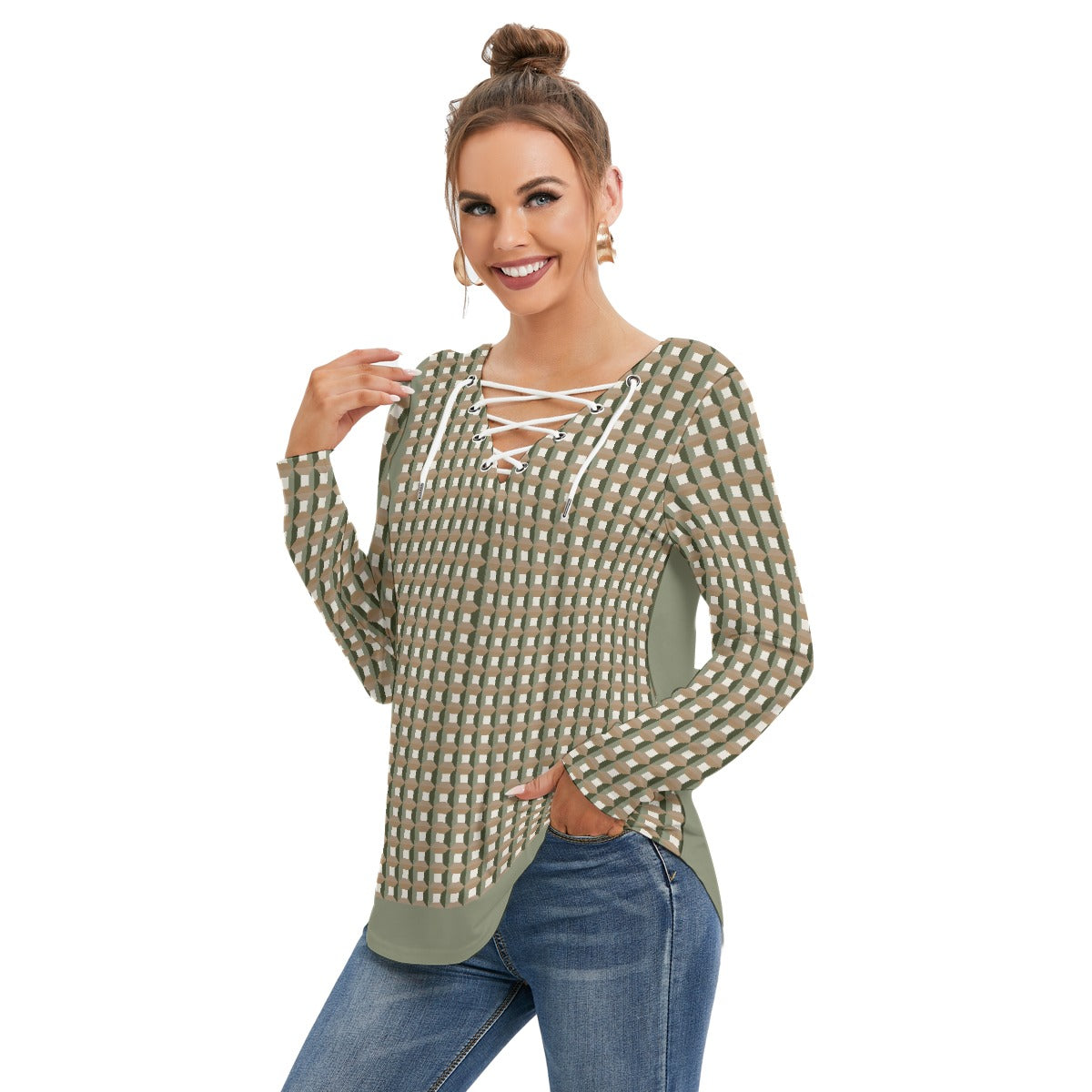 All-Over Print Women's Long Sleeve Neckline Tie Sweatshirt