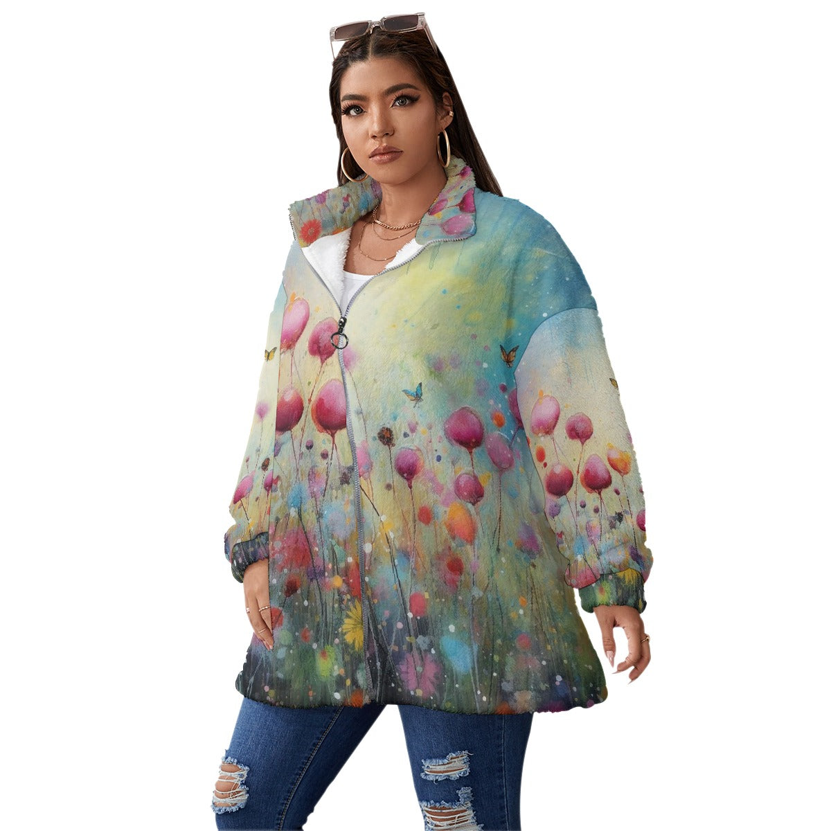 All-Over Print Unisex Borg Fleece Stand-up Collar Coat With Zipper Closure(Plus Size)