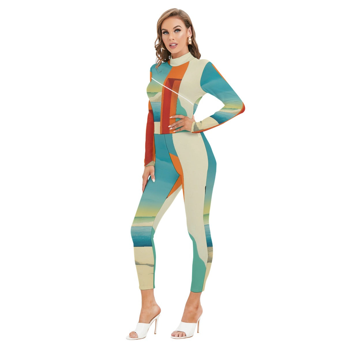All-Over Print Women's Long-sleeved High-neck Jumpsuit With Zipper