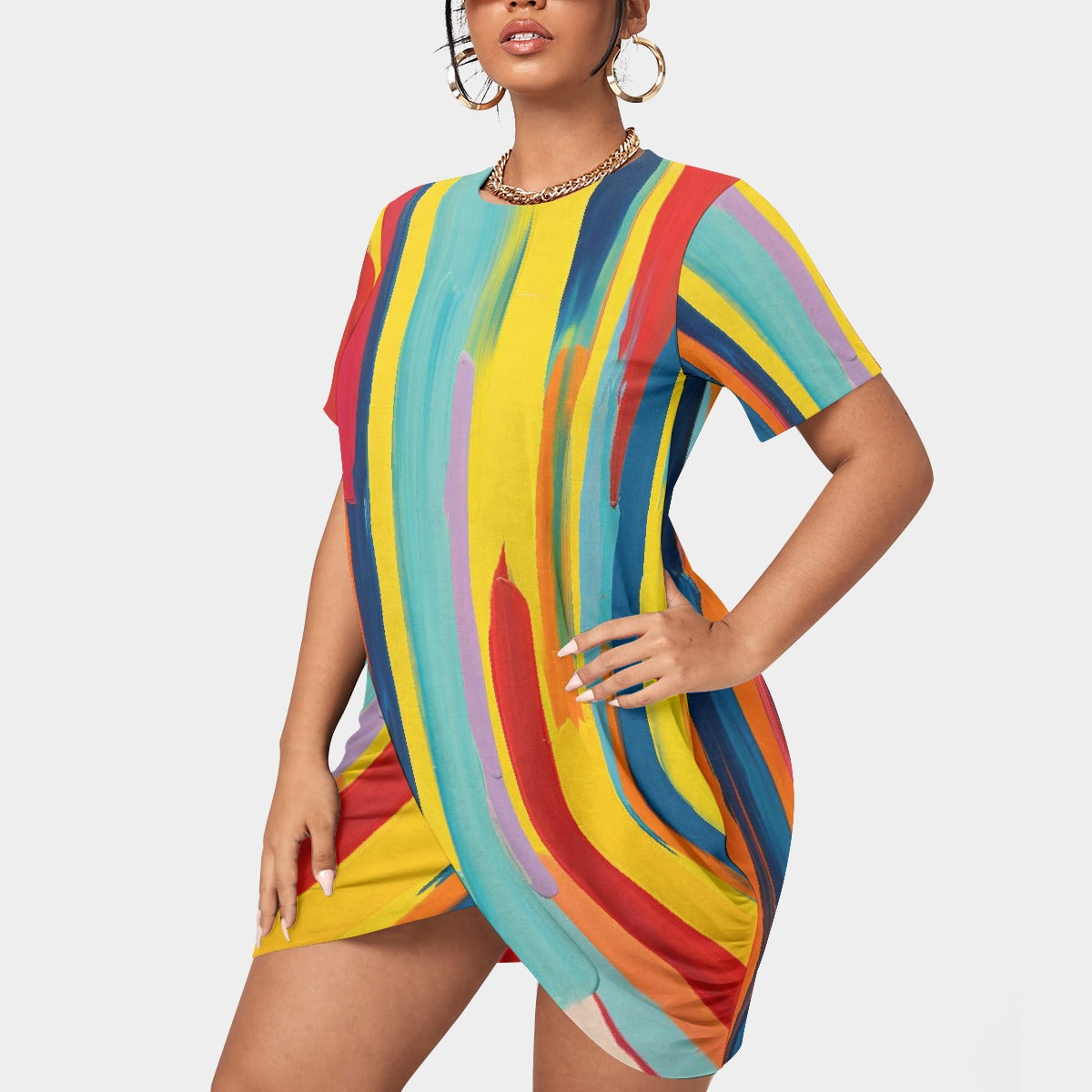 All-Over Print Women’s Stacked Hem Dress With Short Sleeve（Plus Size）