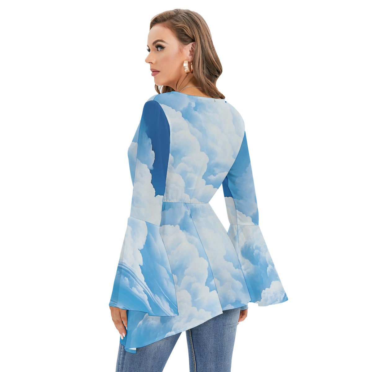 All-Over Print Women's V-neck Blouse With Flared Sleeves