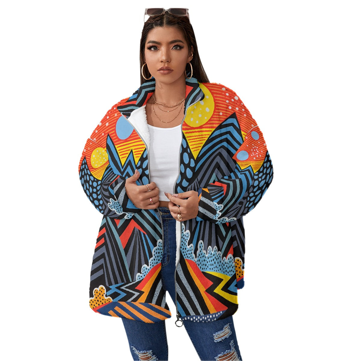 All-Over Print Unisex Borg Fleece Stand-up Collar Coat With Zipper Closure(Plus Size)