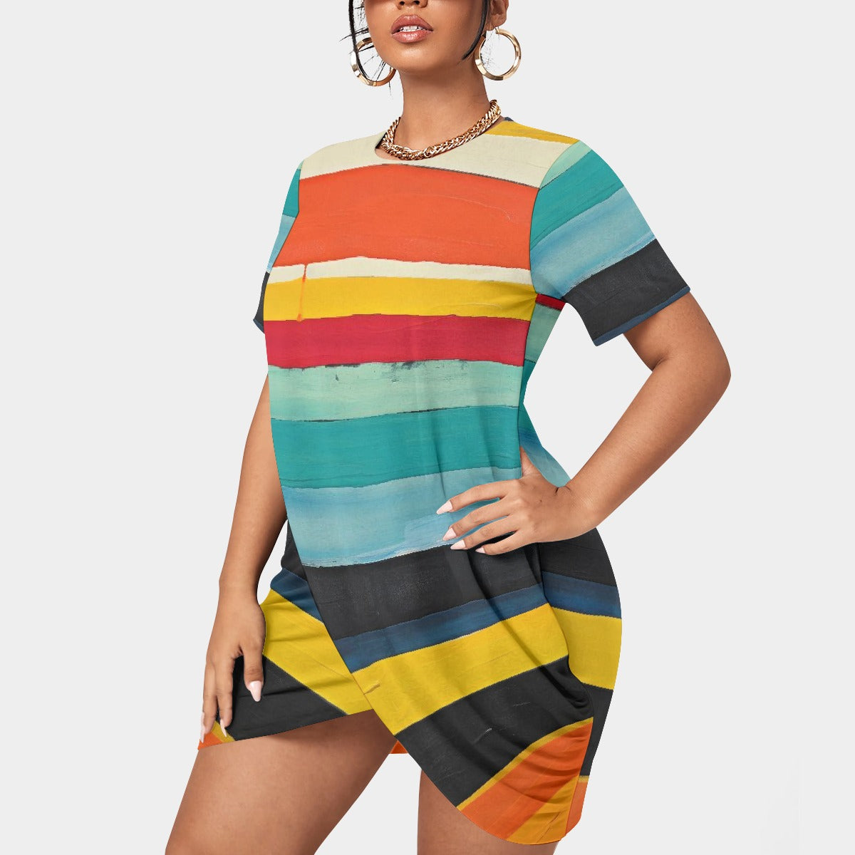 All-Over Print Women’s Stacked Hem Dress With Short Sleeve（Plus Size）