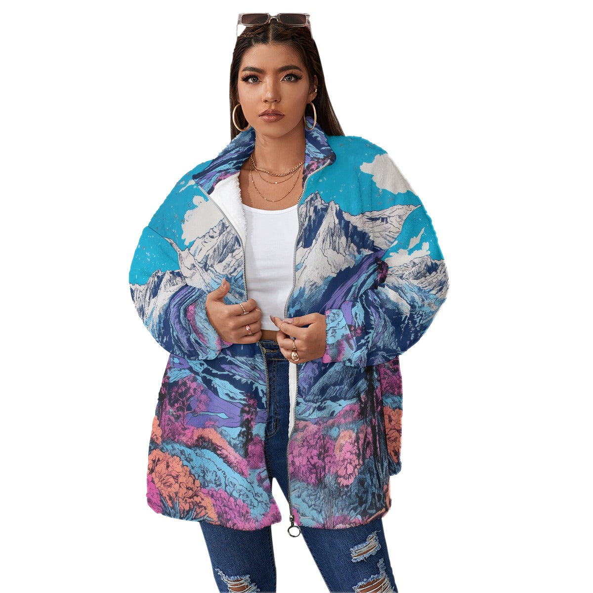 All-Over Print Unisex Borg Fleece Stand-up Collar Coat With Zipper Closure(Plus Size)