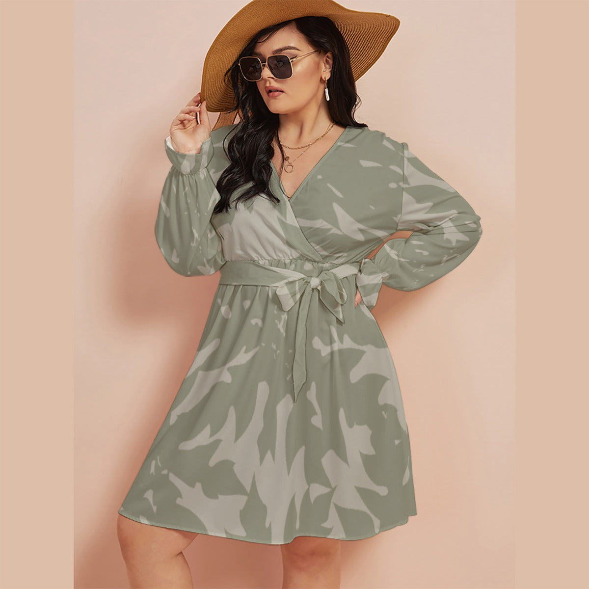 All-Over Print Women's V-neck Dress With Waistband(Plus Size)