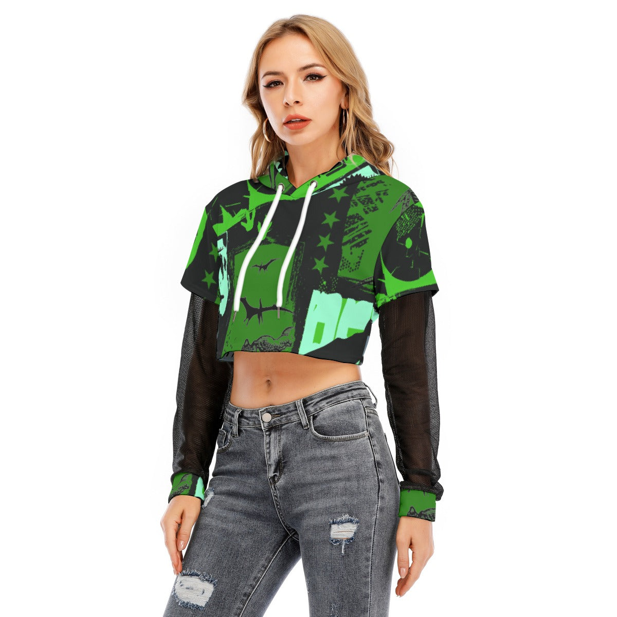 All-Over Print Women's Fake Two-piece Mesh Sleeve Cropped Hoodie
