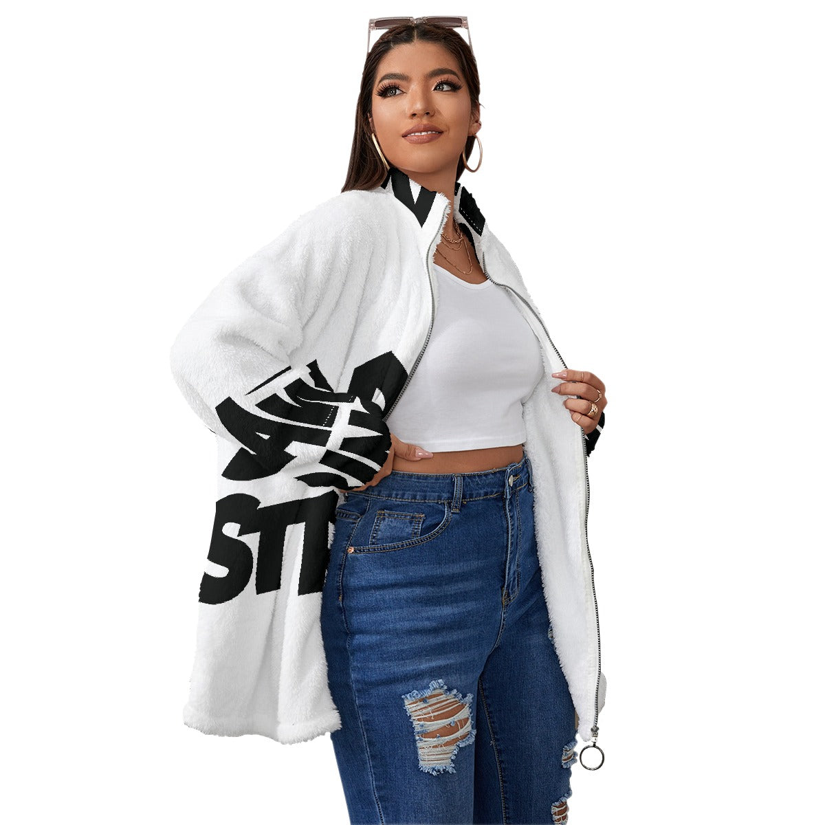 All-Over Print Unisex Borg Fleece Stand-up Collar Coat With Zipper Closure(Plus Size)