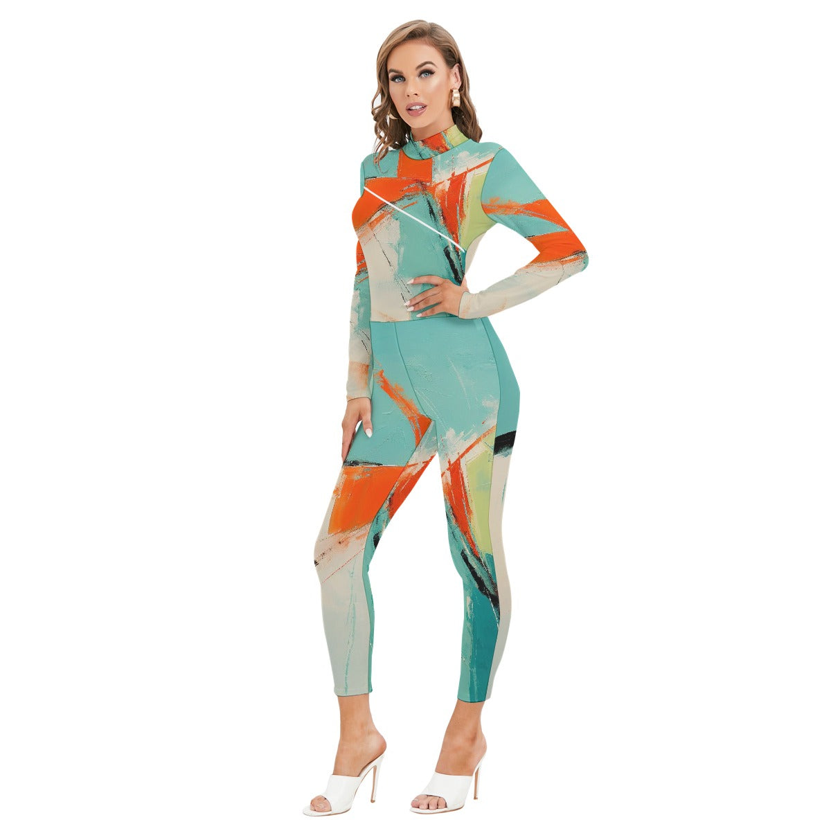 All-Over Print Women's Long-sleeved High-neck Jumpsuit With Zipper