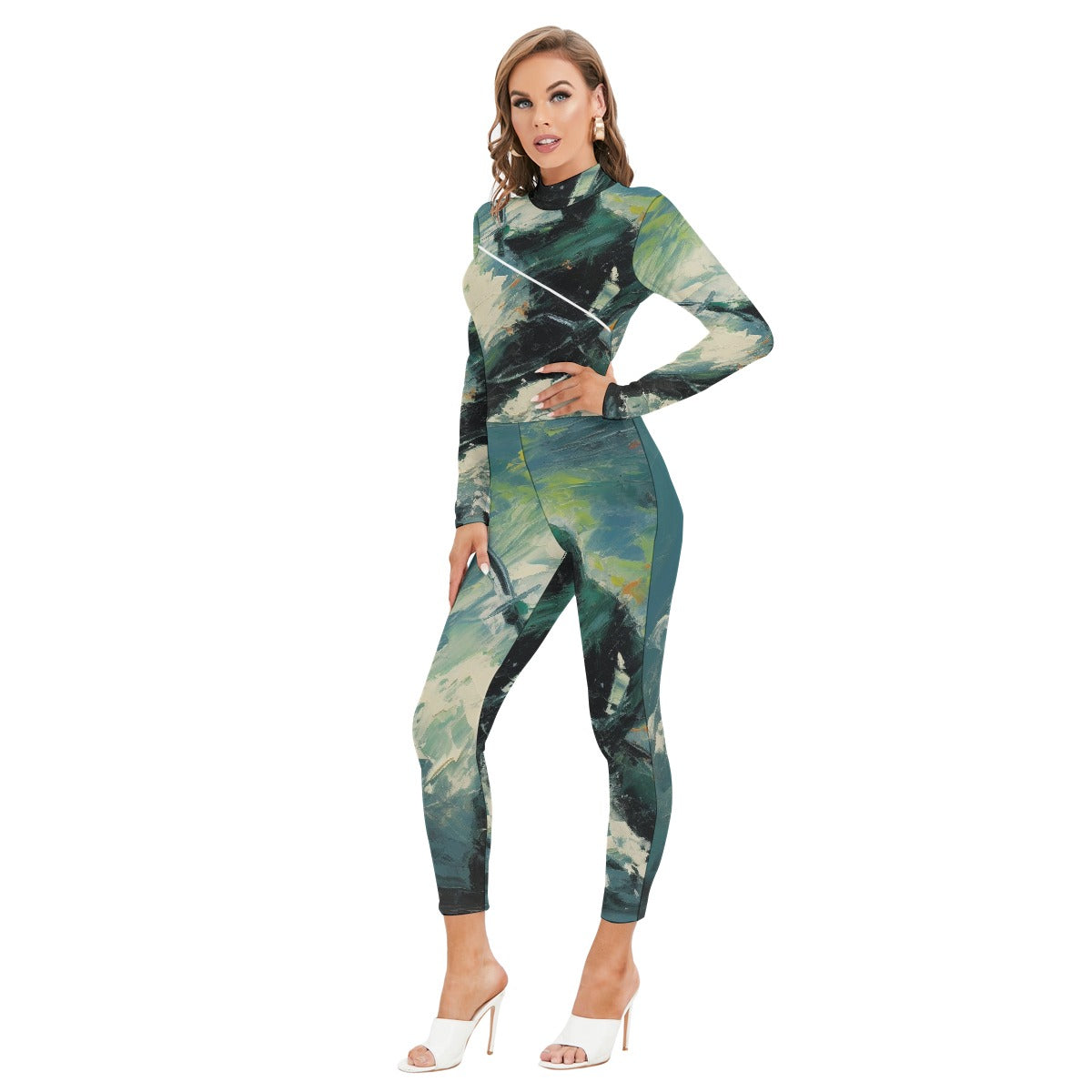 All-Over Print Women's Long-sleeved High-neck Jumpsuit With Zipper