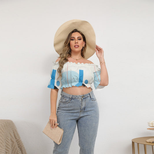 All-Over Print Women's Off-shoulder Cropped Top With Short Puff Sleeve