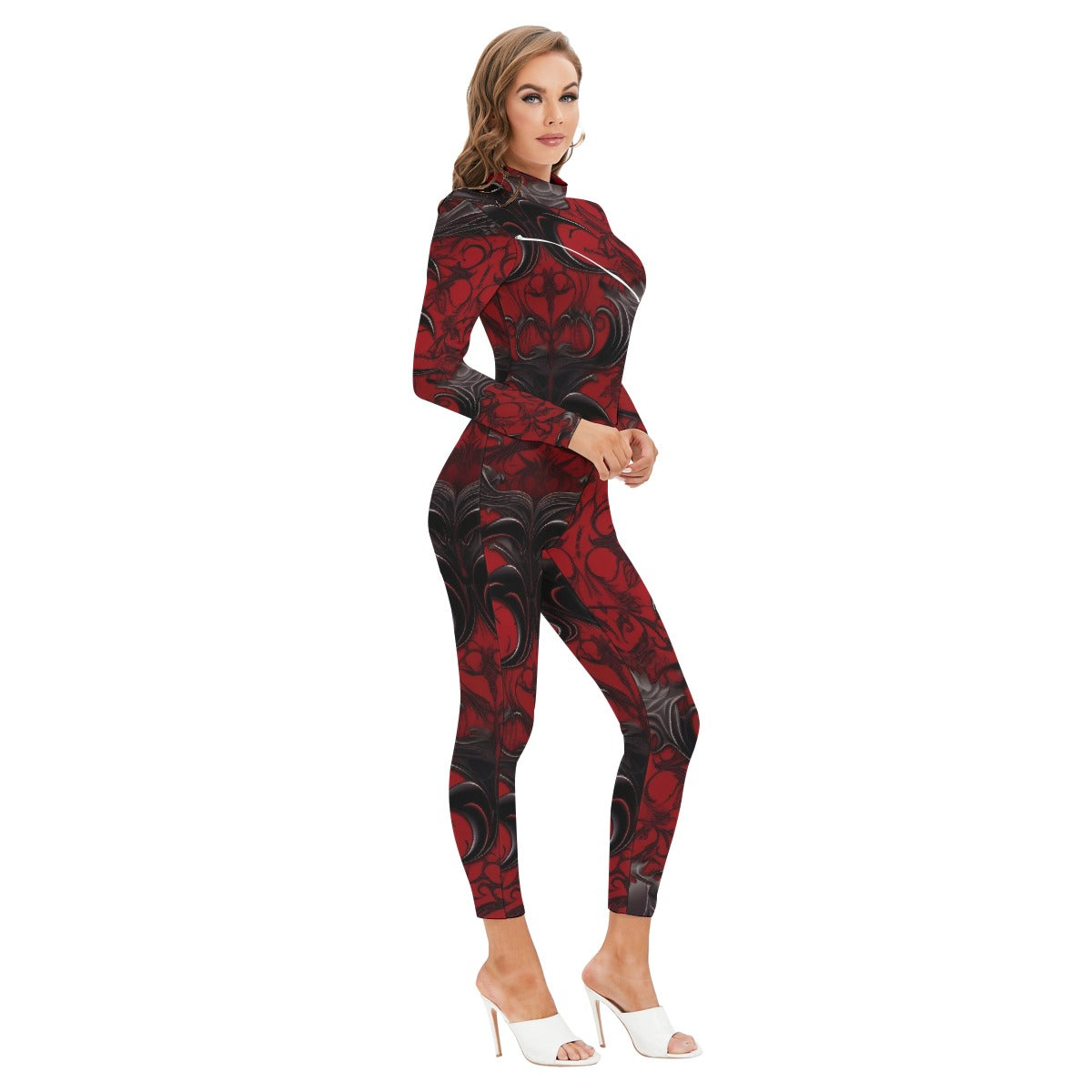 All-Over Print Women's Long-sleeved High-neck Jumpsuit With Zipper