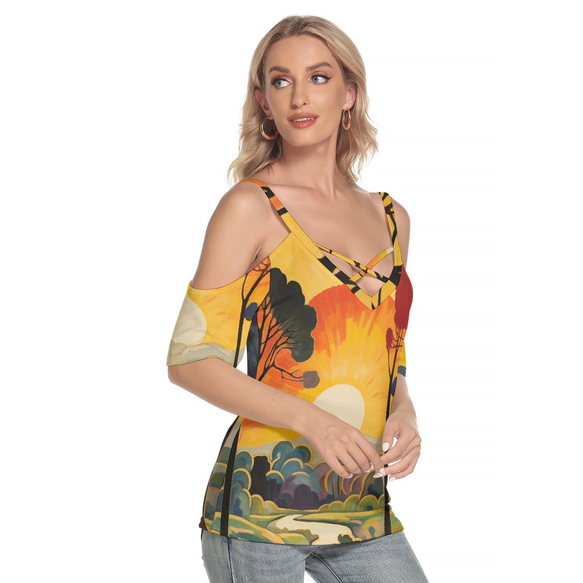 All-Over Print Women's Cold Shoulder T-shirt With Criss Cross Strips