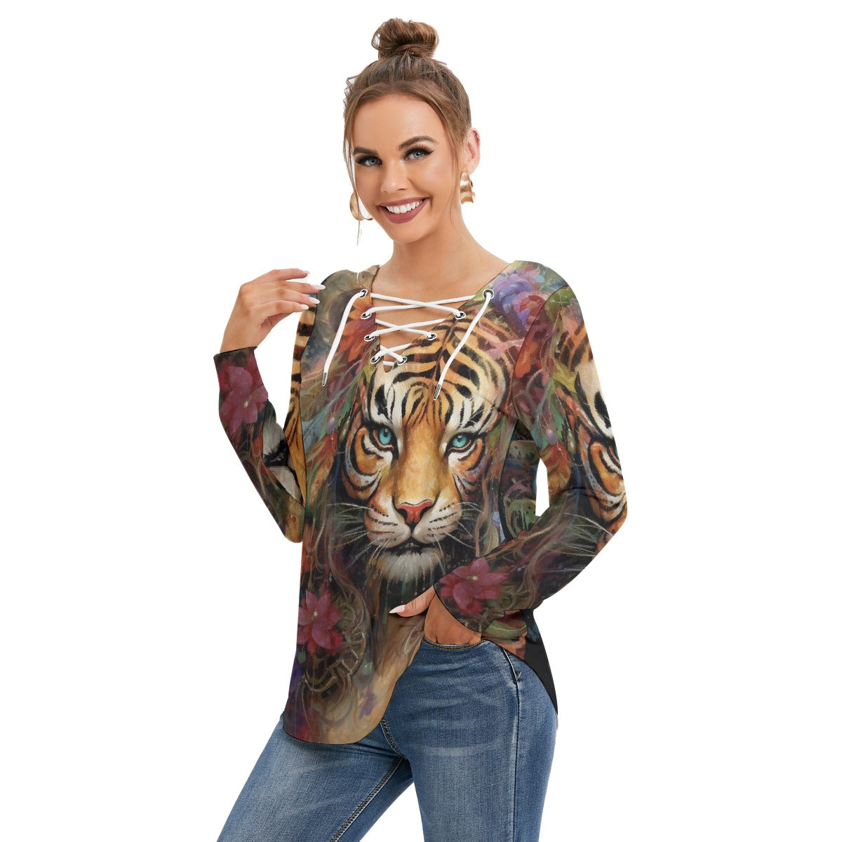 All-Over Print Women's Long Sleeve Neckline Tie Sweatshirt