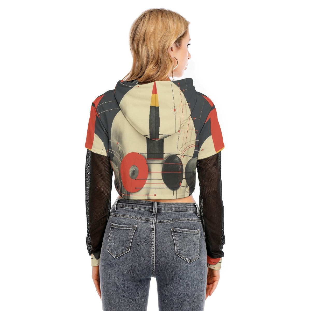 All-Over Print Women's Fake Two-piece Mesh Sleeve Cropped Hoodie