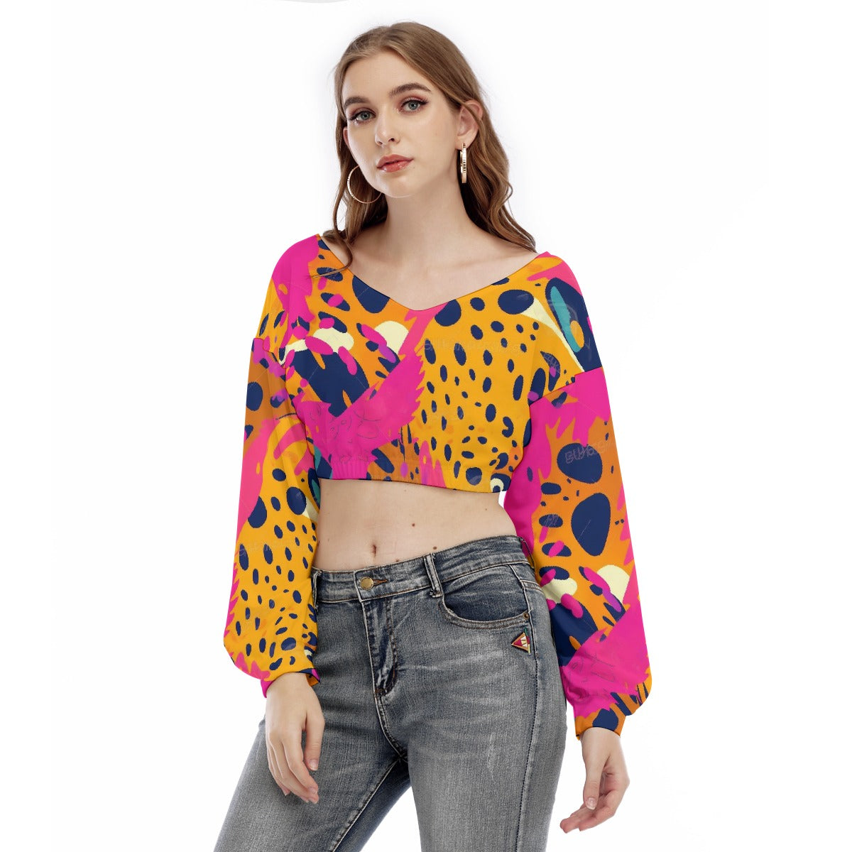 All-Over Print Women's V-neck Long Sleeve Cropped Sweatshirt
