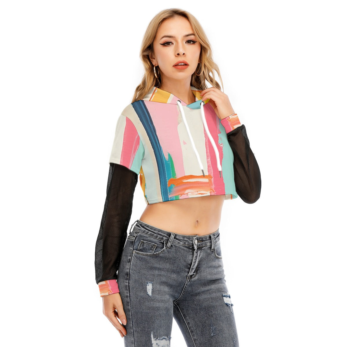 All-Over Print Women's Fake Two-piece Mesh Sleeve Cropped Hoodie