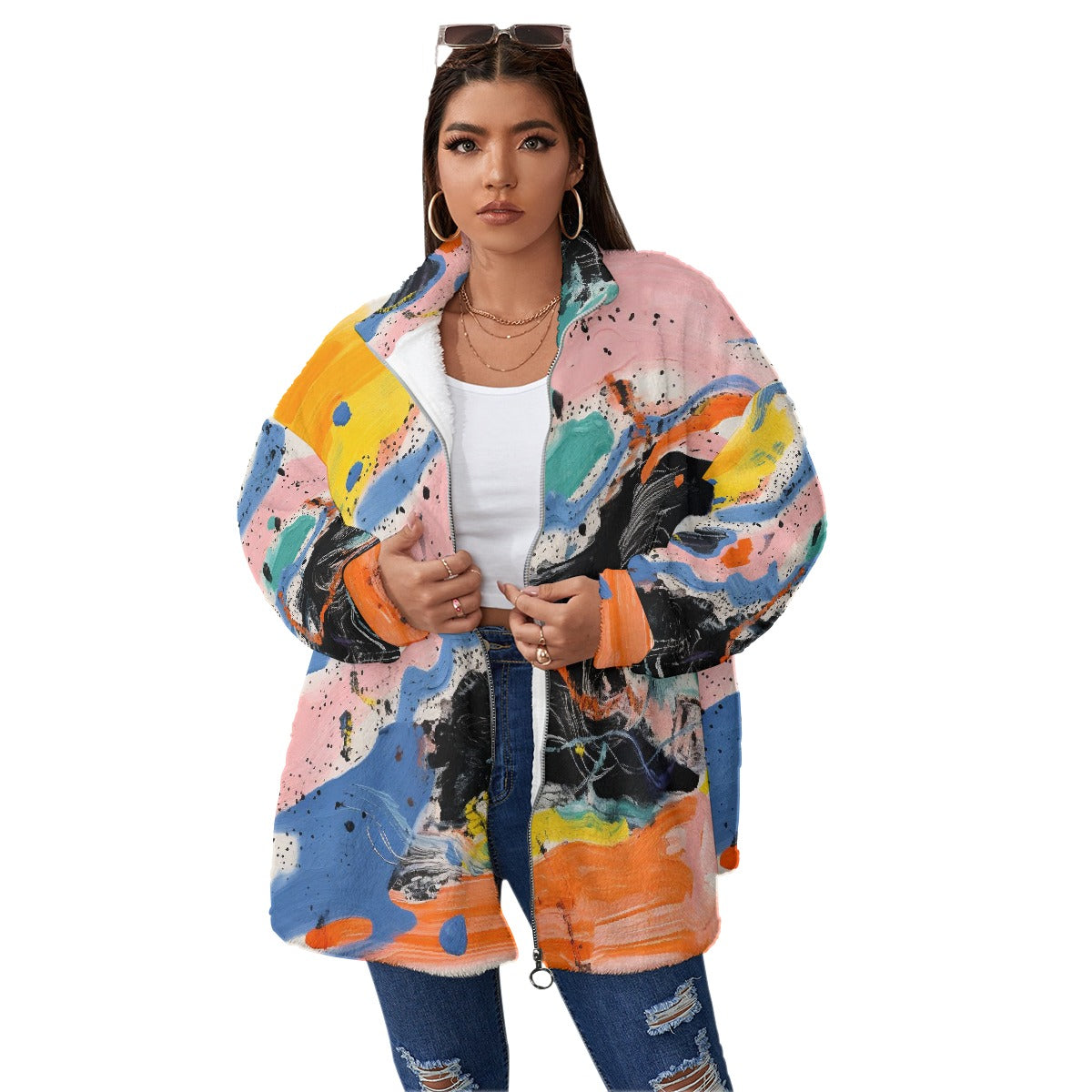 All-Over Print Unisex Borg Fleece Stand-up Collar Coat With Zipper Closure(Plus Size)