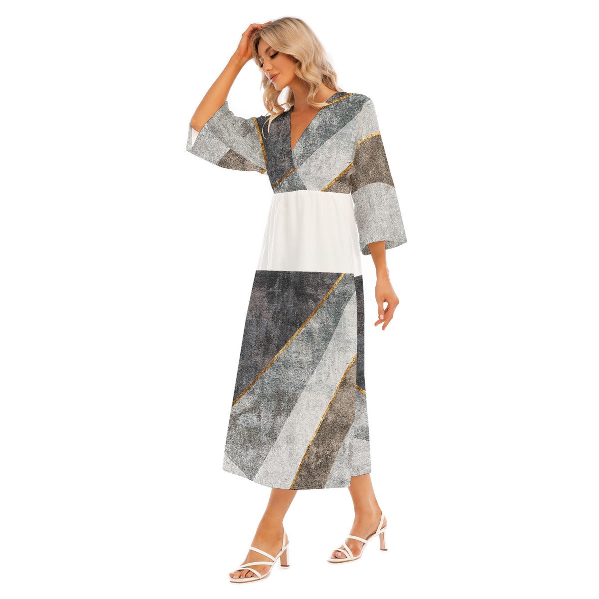 All-Over Print Women's Mid-Sleeve Long Dress