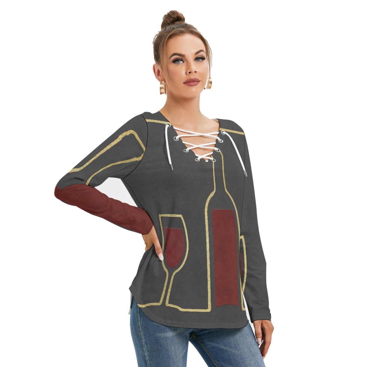 All-Over Print Women's Long Sleeve Neckline Tie Sweatshirt