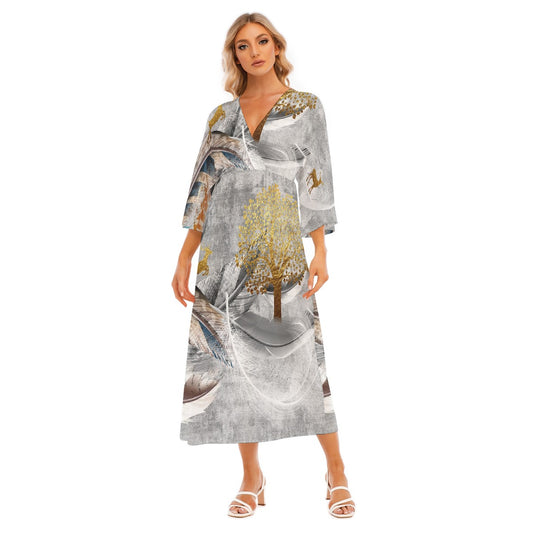 All-Over Print Women's Mid-Sleeve Long Dress