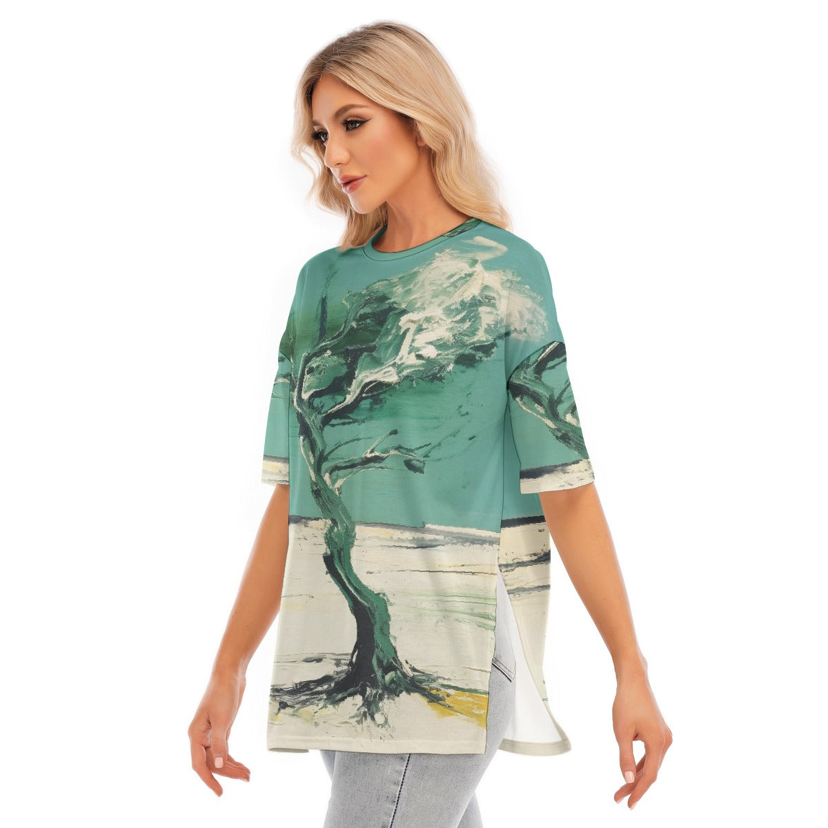 All-Over Print Women's Short Sleeves T-shirt With Hem Split
