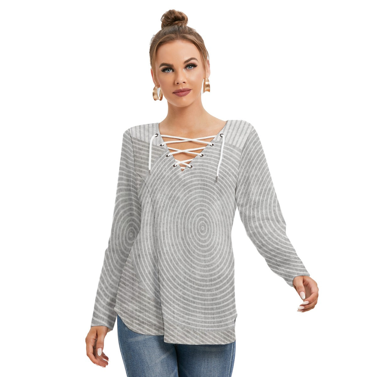 All-Over Print Women's Long Sleeve Neckline Tie Sweatshirt