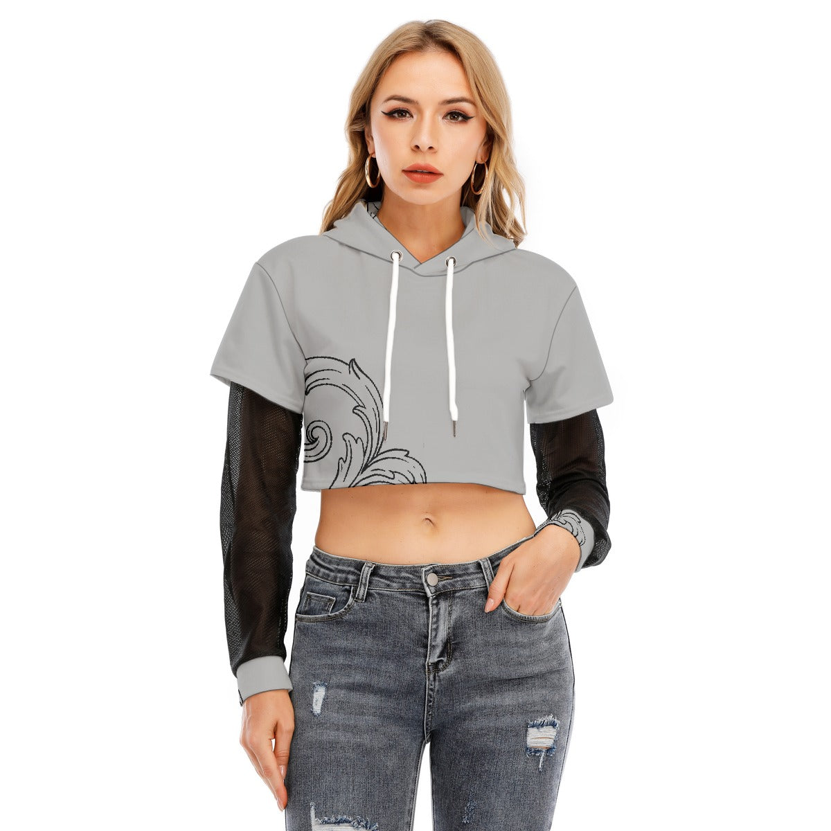 All-Over Print Women's Fake Two-piece Mesh Sleeve Cropped Hoodie