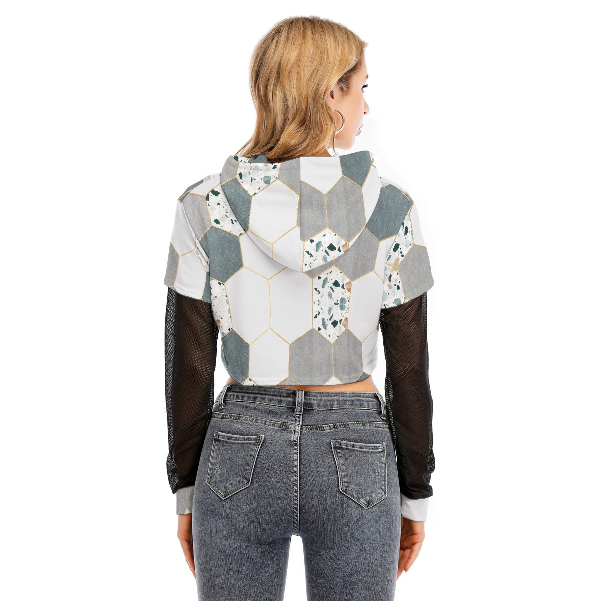 All-Over Print Women's Fake Two-piece Mesh Sleeve Cropped Hoodie