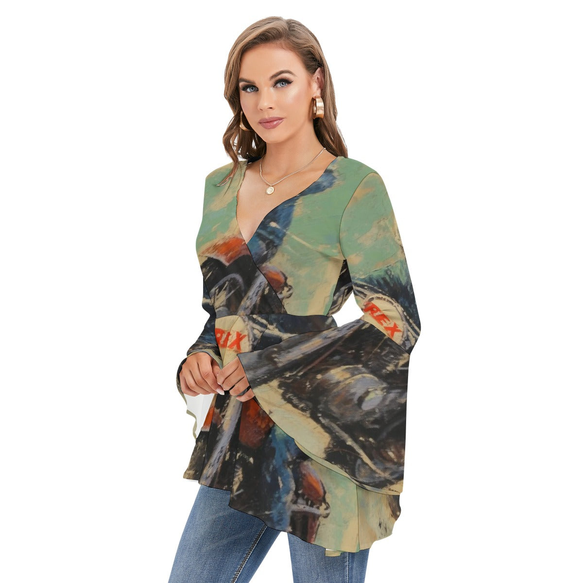 All-Over Print Women's V-neck Blouse With Flared Sleeves