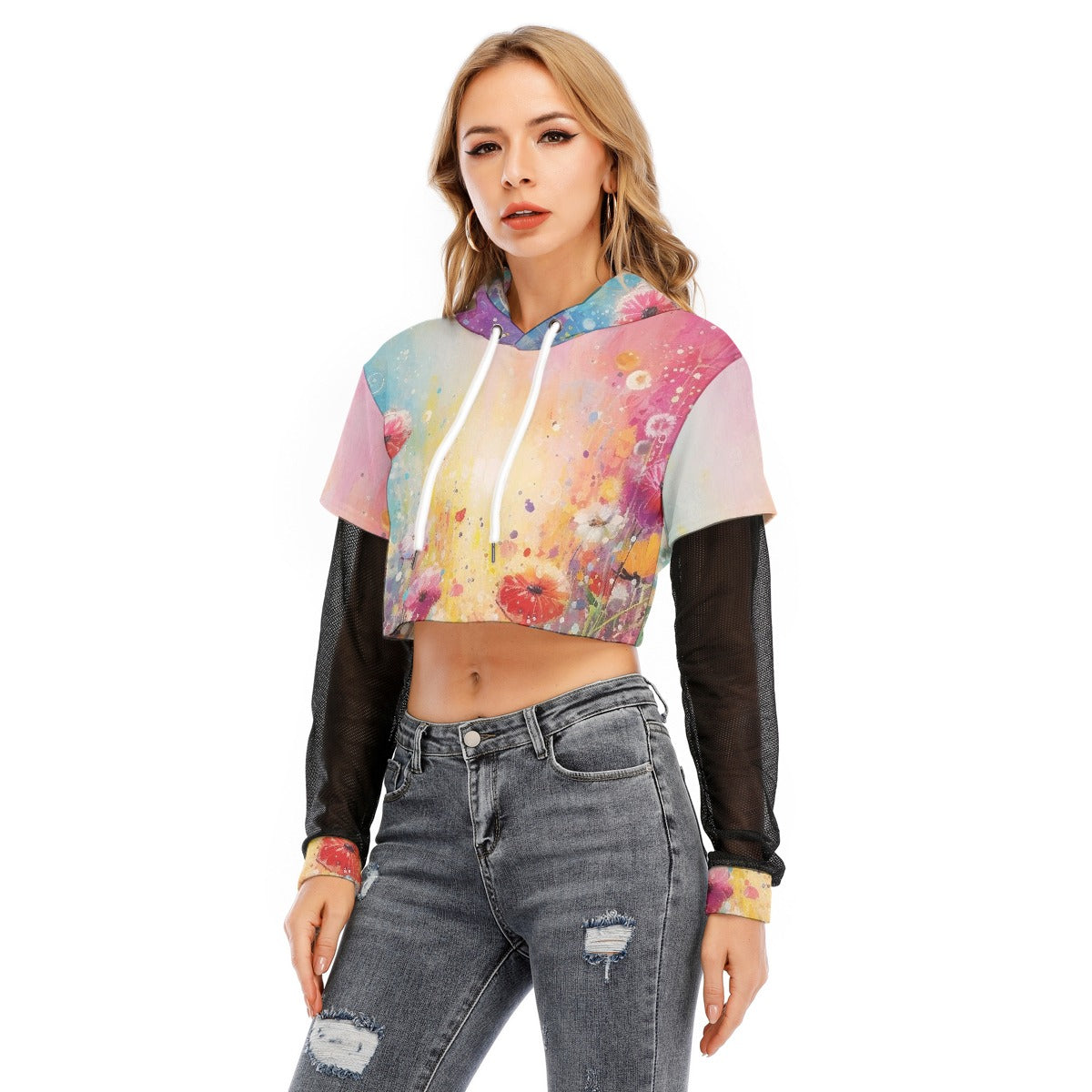 All-Over Print Women's Fake Two-piece Mesh Sleeve Cropped Hoodie