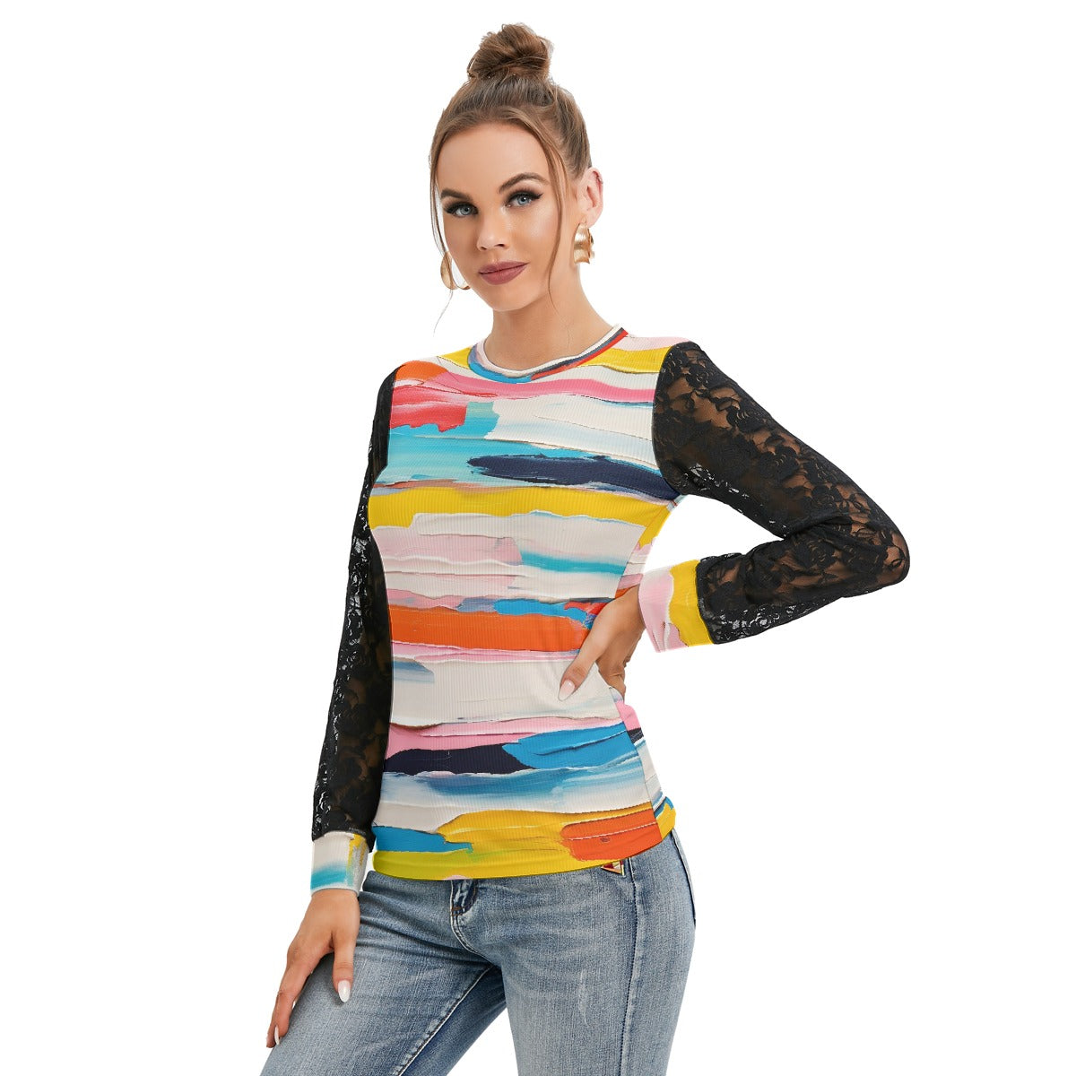 All-Over Print Women's T-shirt And Sleeve With Black Lace