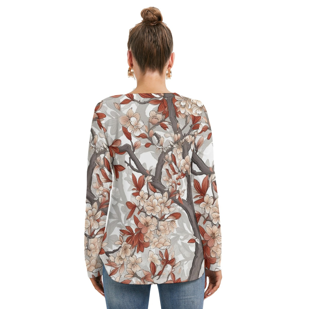 All-Over Print Women's Long Sleeve Neckline Tie Sweatshirt