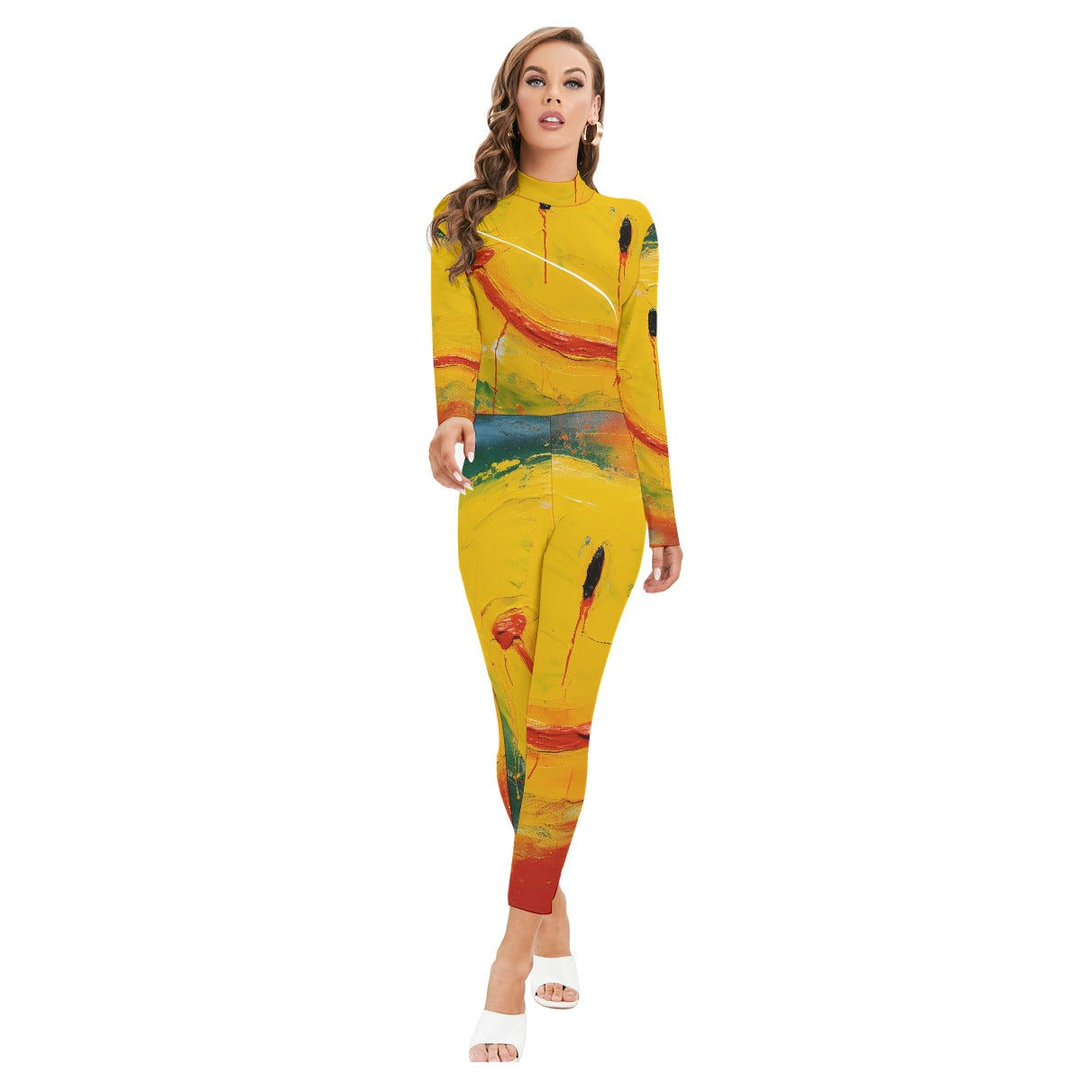 All-Over Print Women's Long-sleeved High-neck Jumpsuit With Zipper