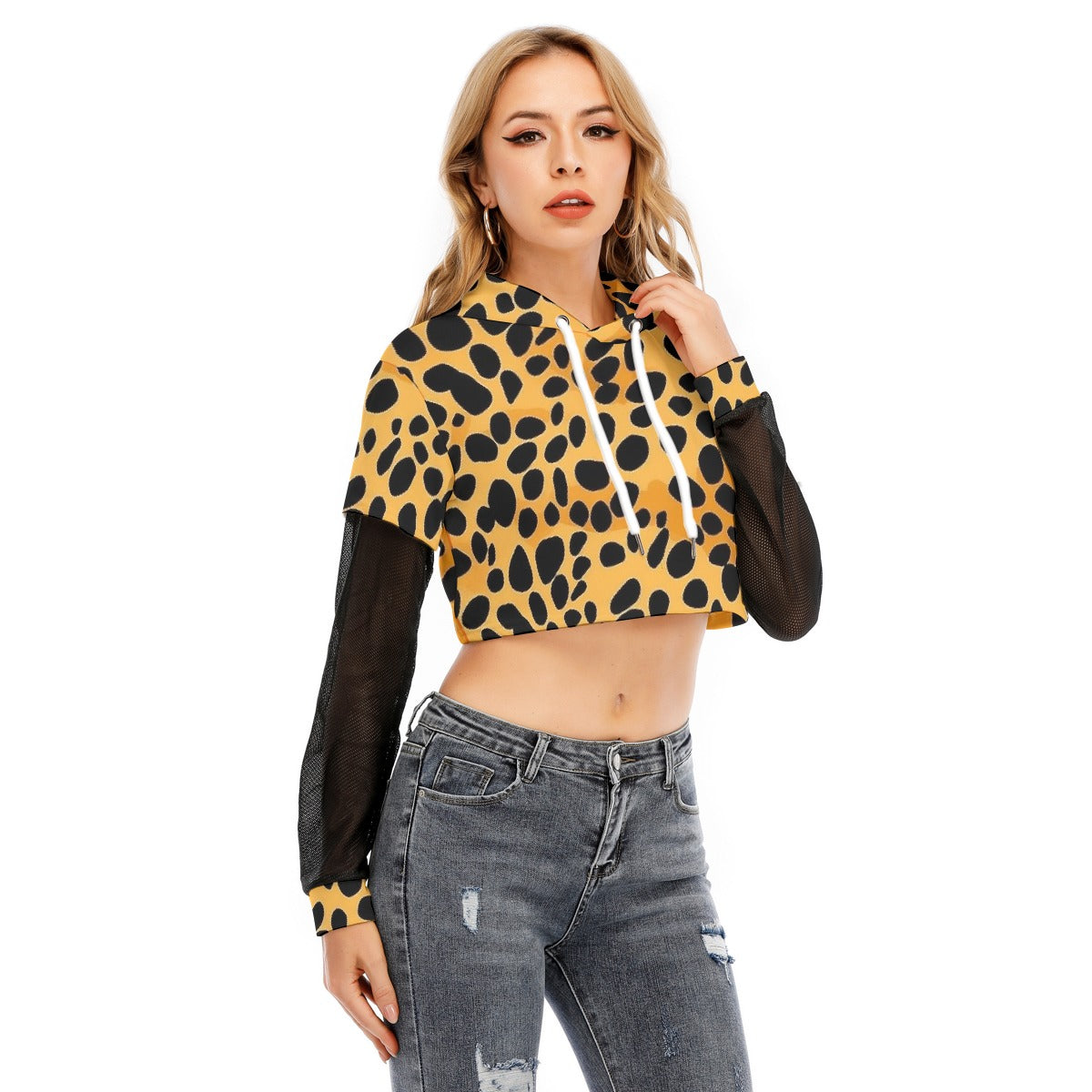 All-Over Print Women's Fake Two-piece Mesh Sleeve Cropped Hoodie