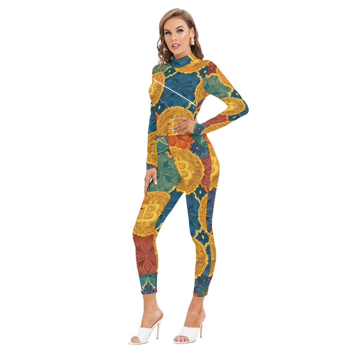 All-Over Print Women's Long-sleeved High-neck Jumpsuit With Zipper