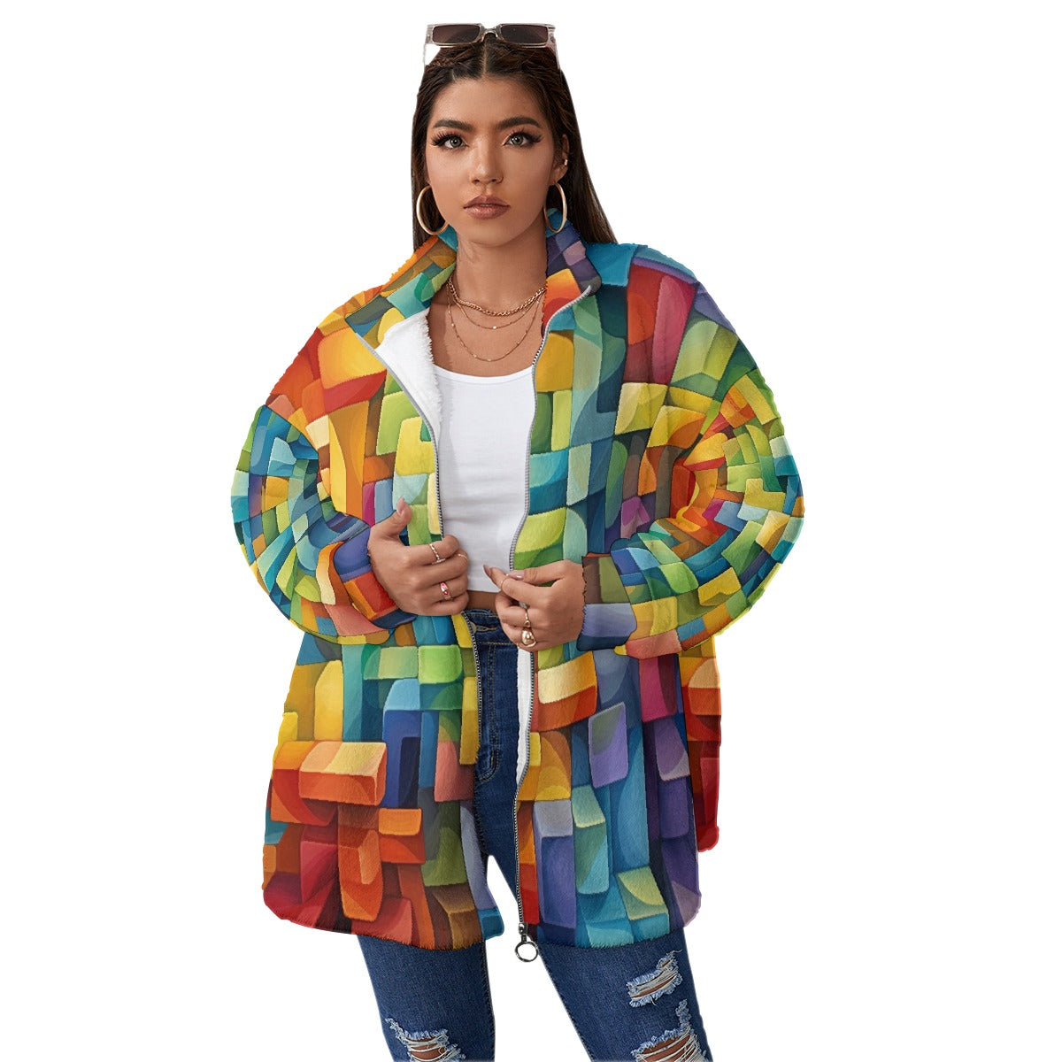 All-Over Print Unisex Borg Fleece Stand-up Collar Coat With Zipper Closure(Plus Size)