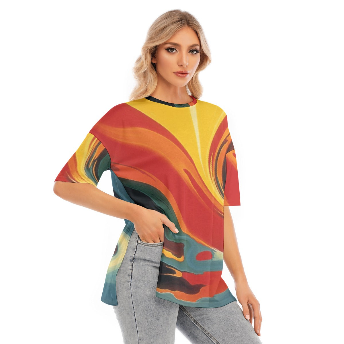 All-Over Print Women's Short Sleeves T-shirt With Hem Split