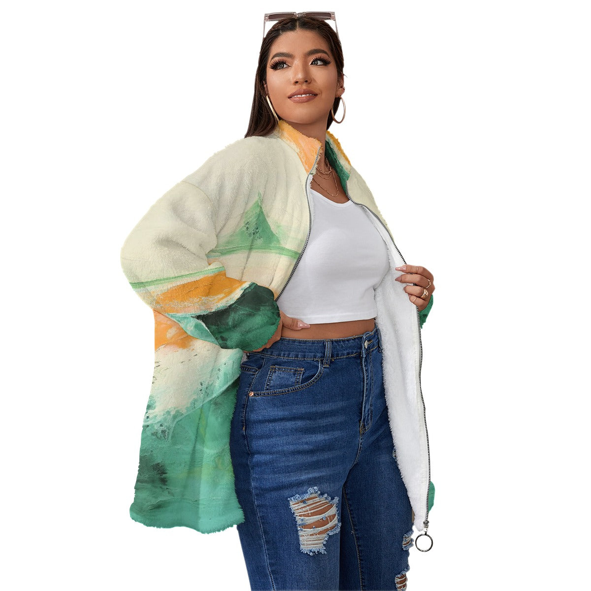 All-Over Print Unisex Borg Fleece Stand-up Collar Coat With Zipper Closure(Plus Size)