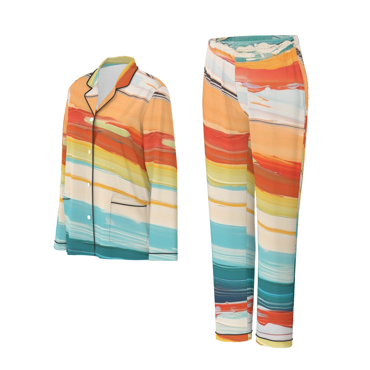 All-Over Print Women's Long Sleeve Pajama Set With Black Contrast Piping