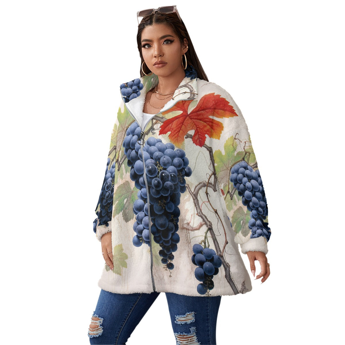 All-Over Print Unisex Borg Fleece Stand-up Collar Coat With Zipper Closure(Plus Size)